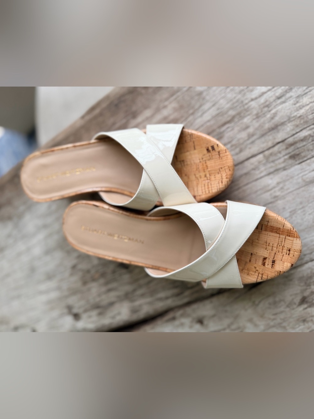 Stuart Weitzman Ivory Patent Leather Crisscross Slide Sandals